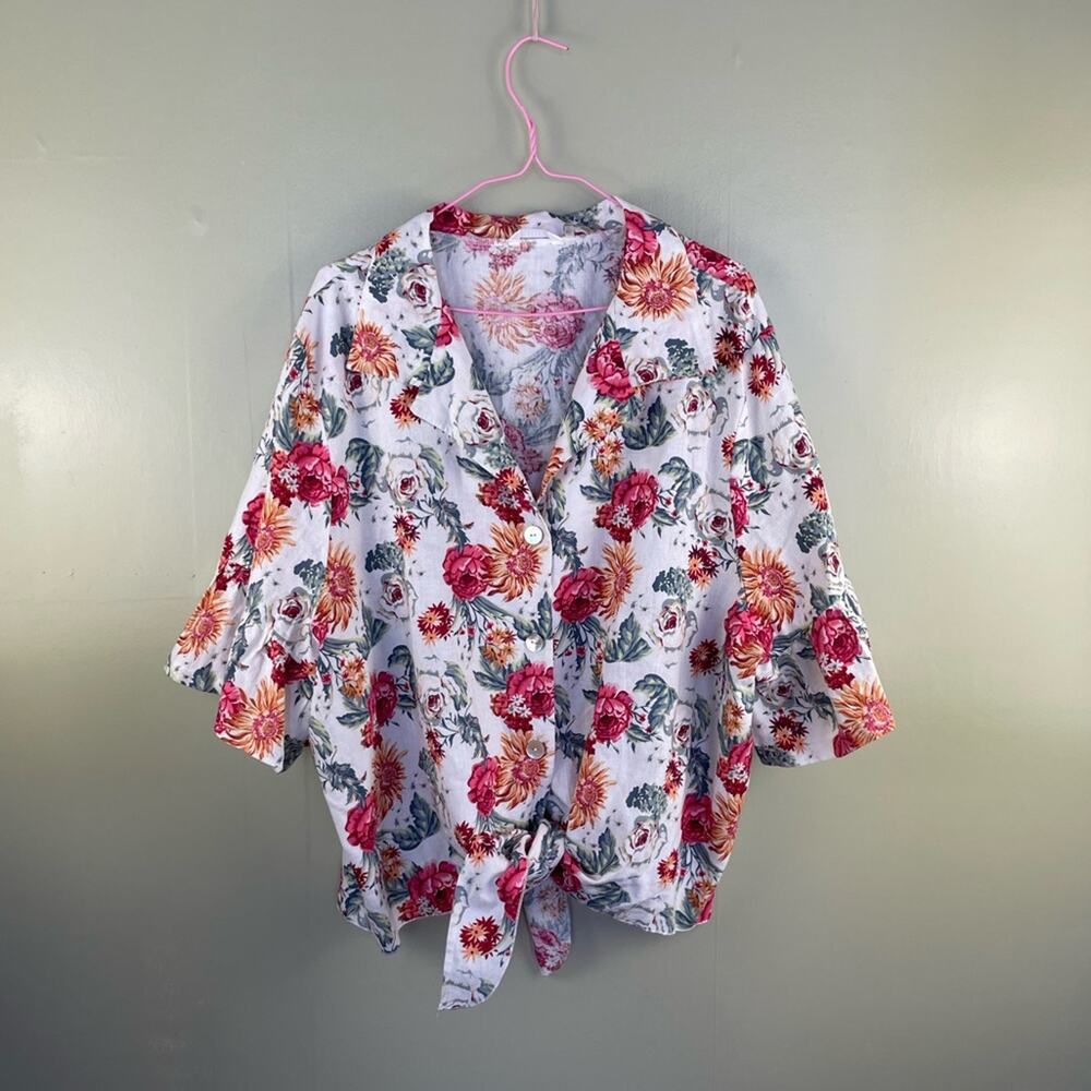 Kaktus XXL floral ruffle sleeve tie front linen mix blouse